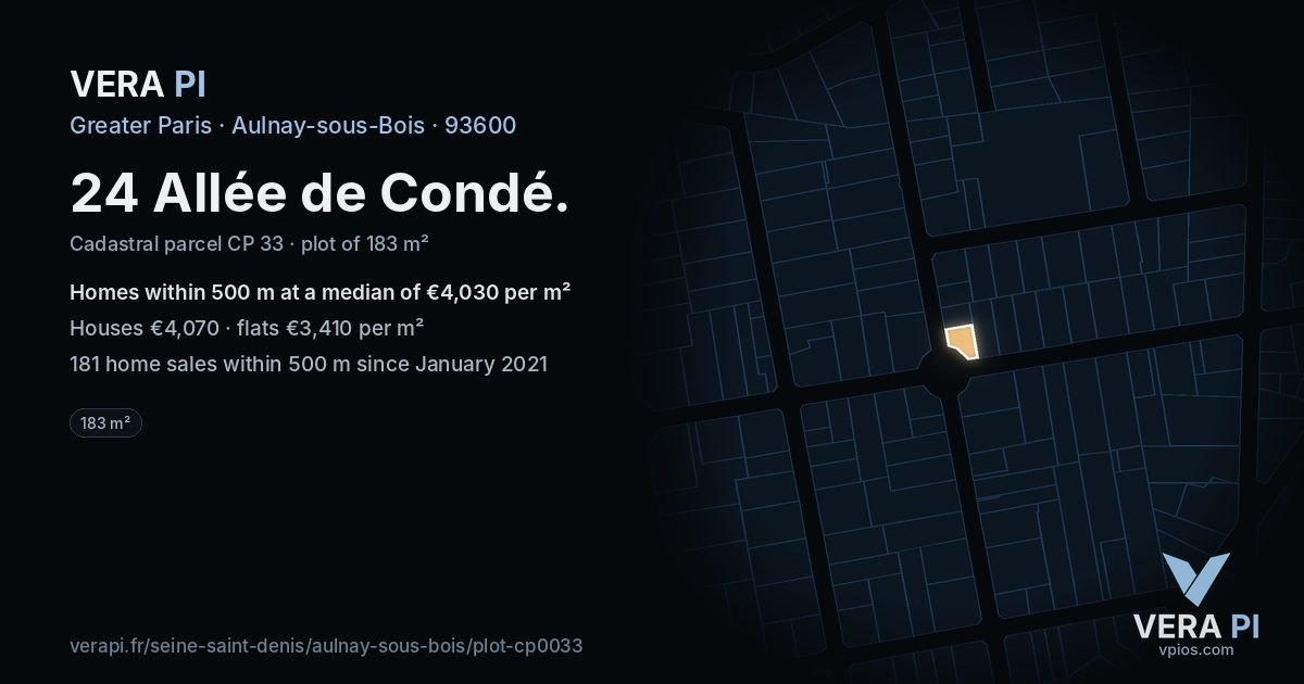 24 Allée de Condé, Aulnay-sous-Bois at night – the plot lit, the parcels around coloured by the prices near them