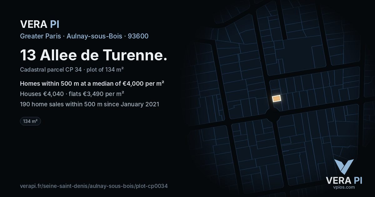 13 Allee de Turenne, Aulnay-sous-Bois at night – the plot lit, the parcels around coloured by the prices near them
