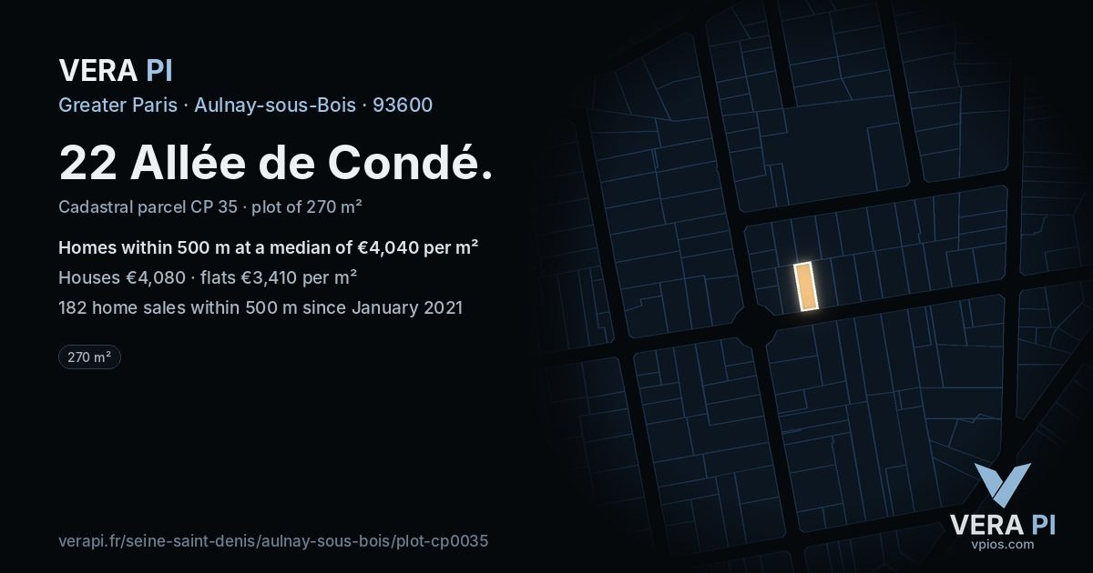 22 Allée de Condé, Aulnay-sous-Bois at night – the plot lit, the parcels around coloured by the prices near them