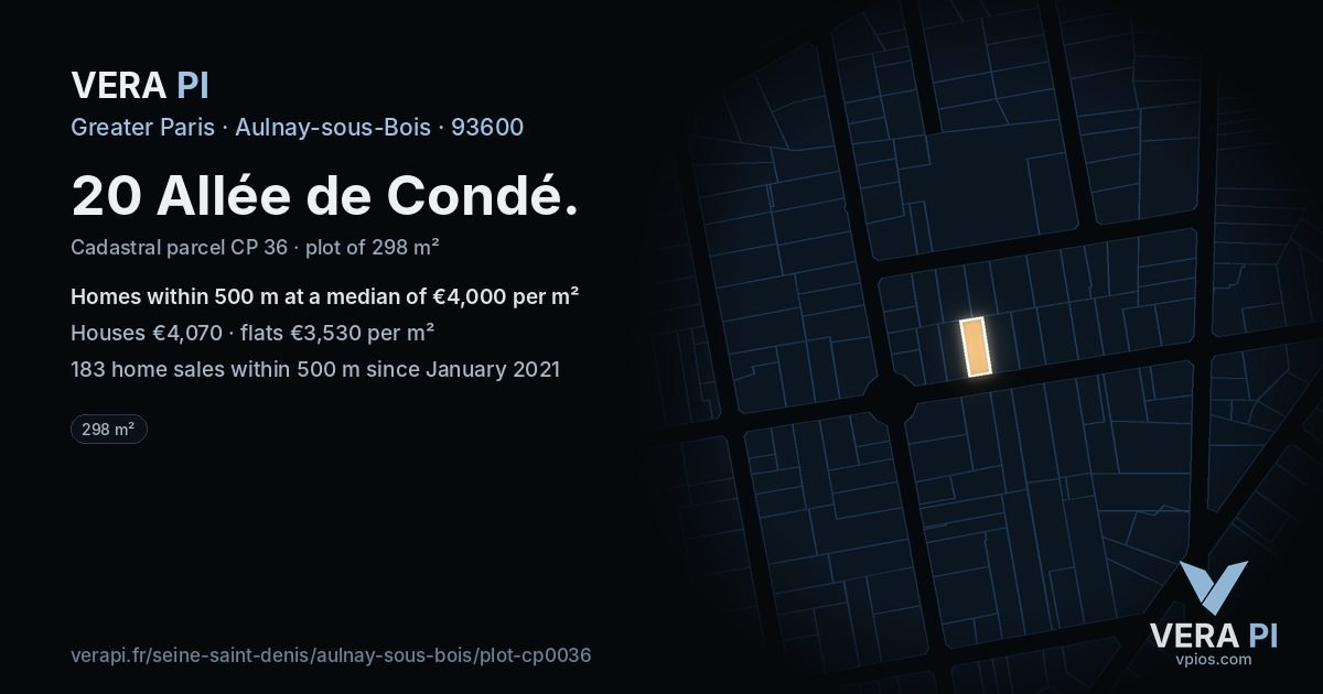 20 Allée de Condé, Aulnay-sous-Bois at night – the plot lit, the parcels around coloured by the prices near them