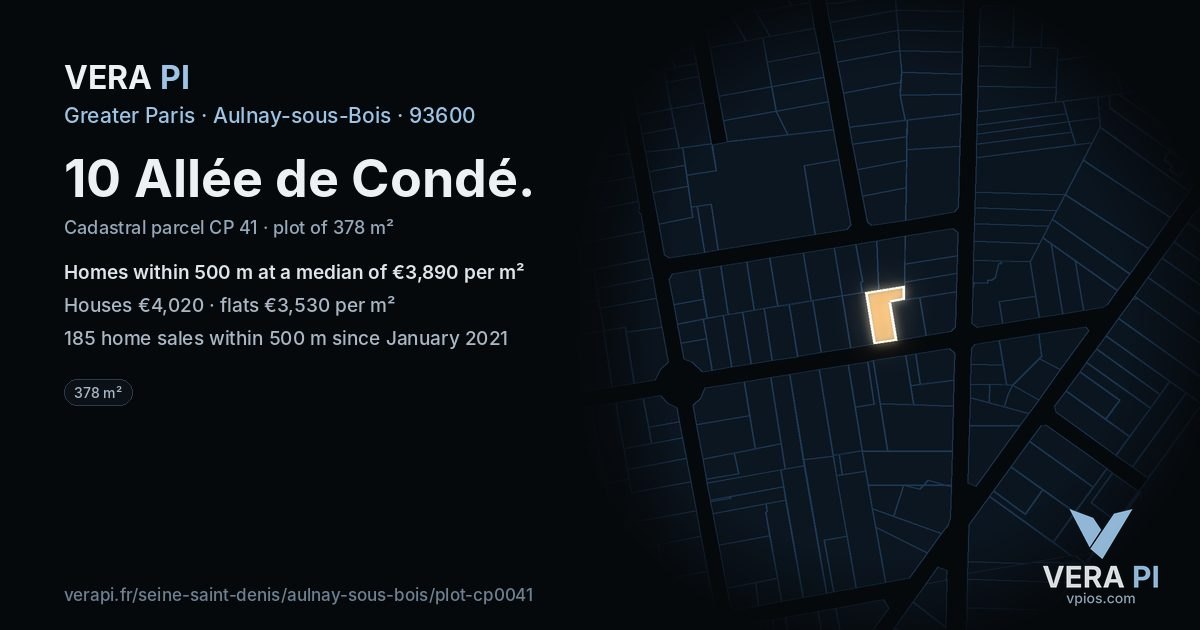 10 Allée de Condé, Aulnay-sous-Bois at night – the plot lit, the parcels around coloured by the prices near them