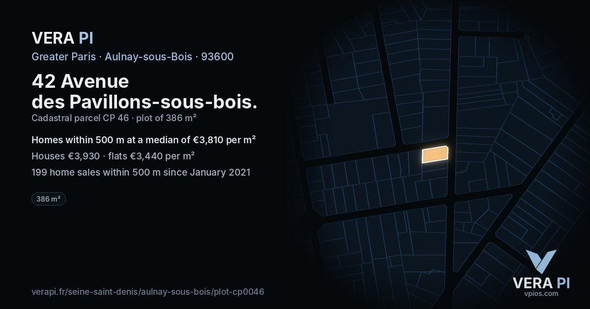 42 Avenue des Pavillons-sous-bois, Aulnay-sous-Bois at night – the plot lit, the parcels around coloured by the prices near them