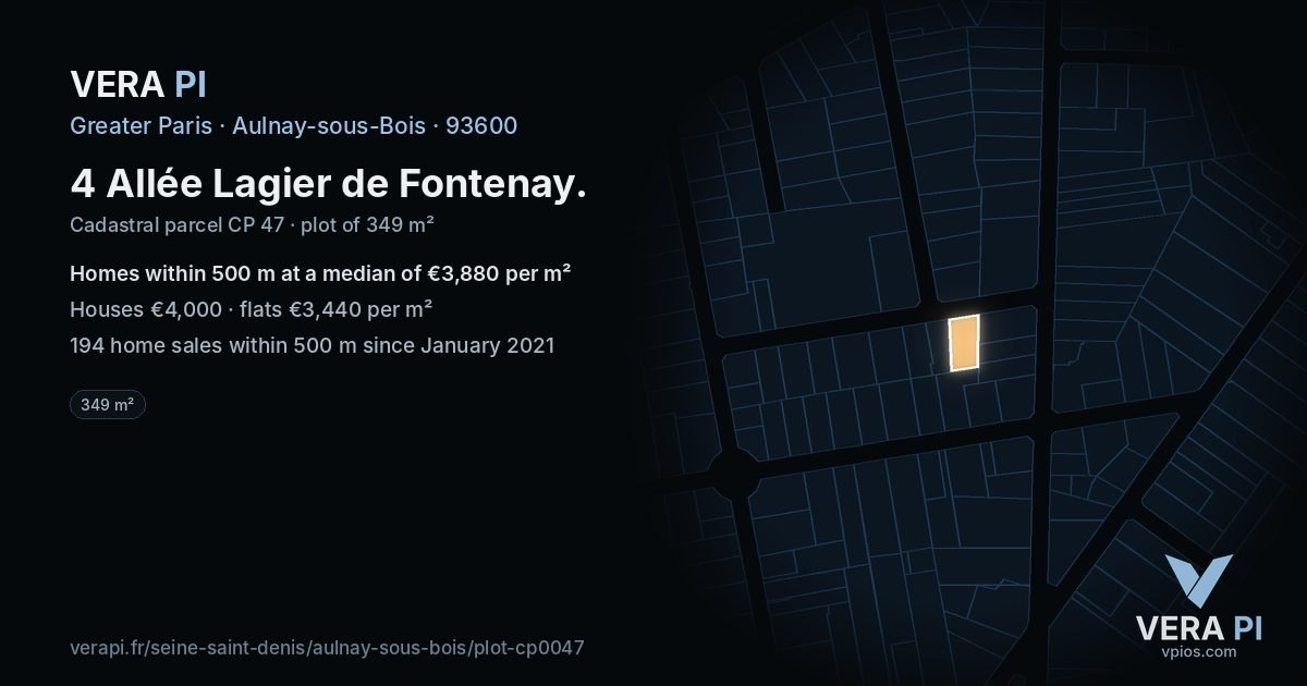 4 Allée Lagier de Fontenay, Aulnay-sous-Bois at night – the plot lit, the parcels around coloured by the prices near them