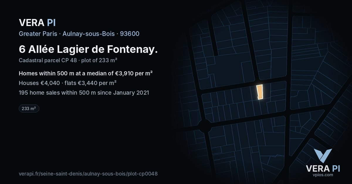 6 Allée Lagier de Fontenay, Aulnay-sous-Bois at night – the plot lit, the parcels around coloured by the prices near them