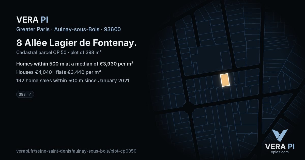 8 Allée Lagier de Fontenay, Aulnay-sous-Bois at night – the plot lit, the parcels around coloured by the prices near them