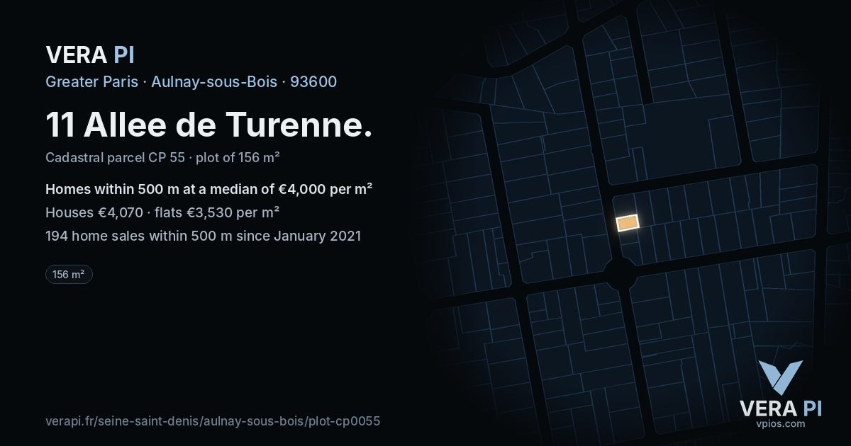 11 Allee de Turenne, Aulnay-sous-Bois at night – the plot lit, the parcels around coloured by the prices near them