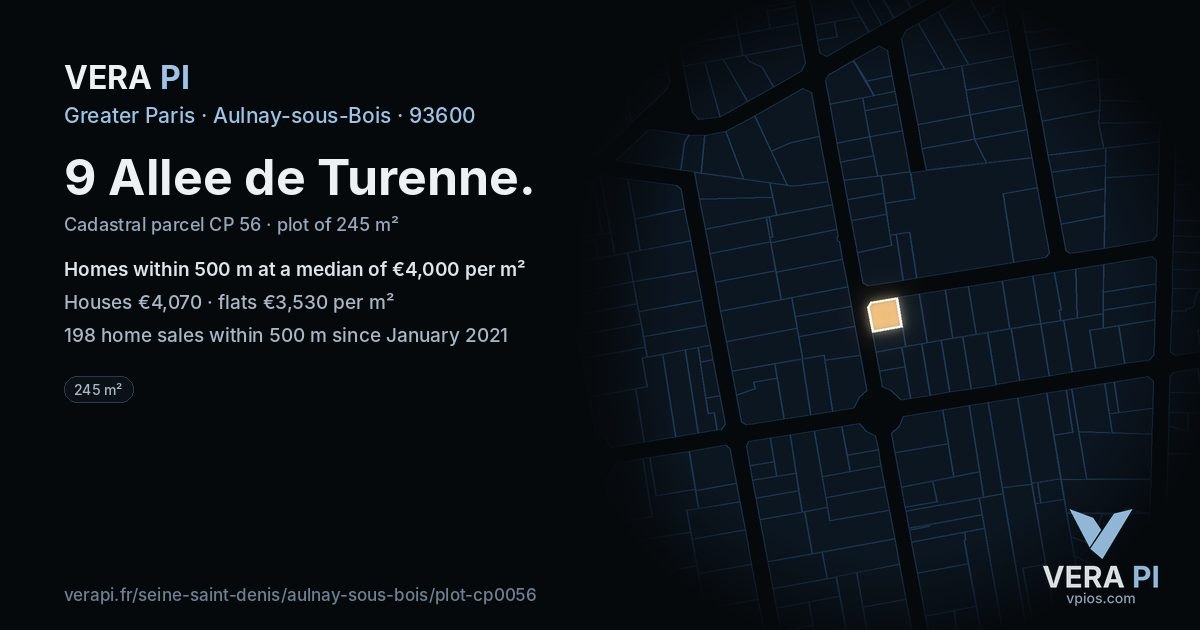 9 Allee de Turenne, Aulnay-sous-Bois at night – the plot lit, the parcels around coloured by the prices near them