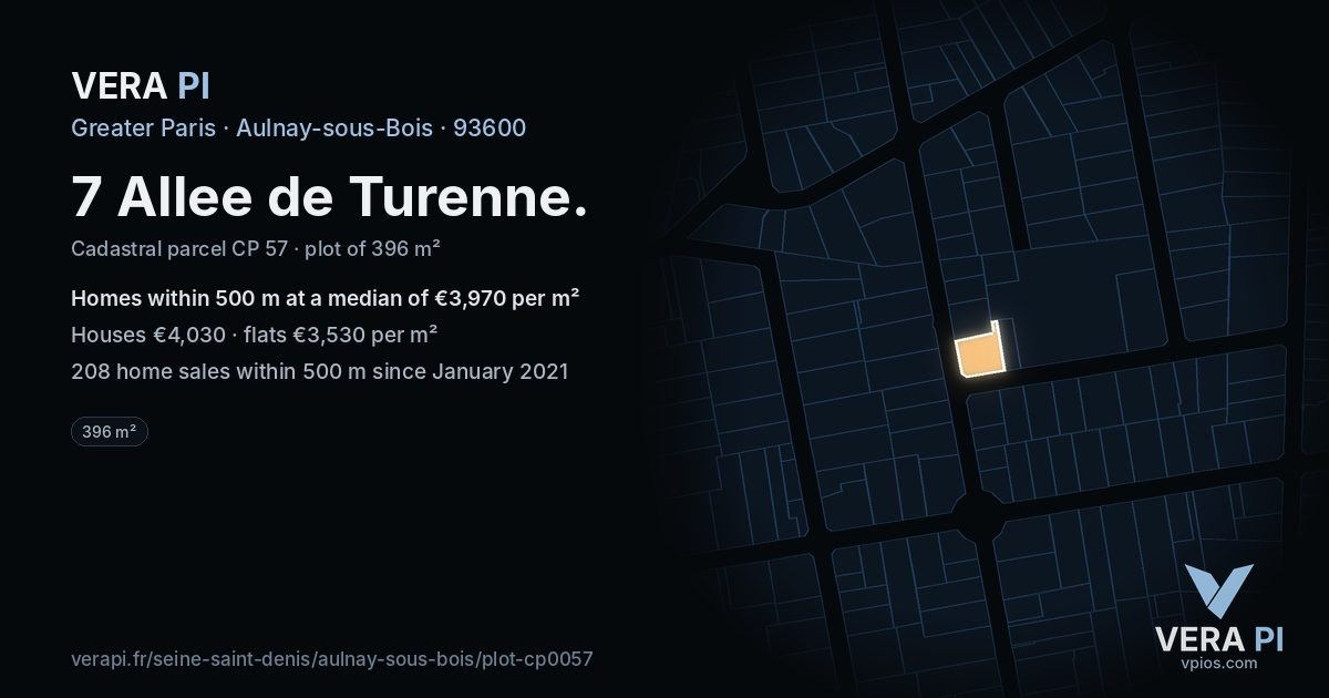 7 Allee de Turenne, Aulnay-sous-Bois at night – the plot lit, the parcels around coloured by the prices near them