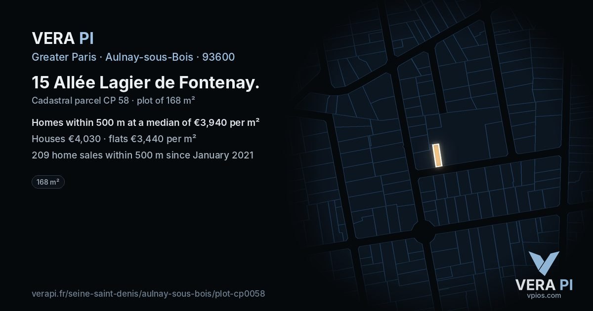15 Allée Lagier de Fontenay, Aulnay-sous-Bois at night – the plot lit, the parcels around coloured by the prices near them