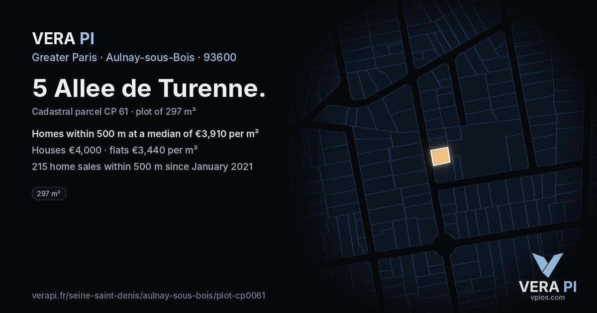 5 Allee de Turenne, Aulnay-sous-Bois at night – the plot lit, the parcels around coloured by the prices near them