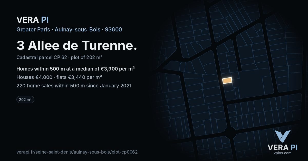 3 Allee de Turenne, Aulnay-sous-Bois at night – the plot lit, the parcels around coloured by the prices near them
