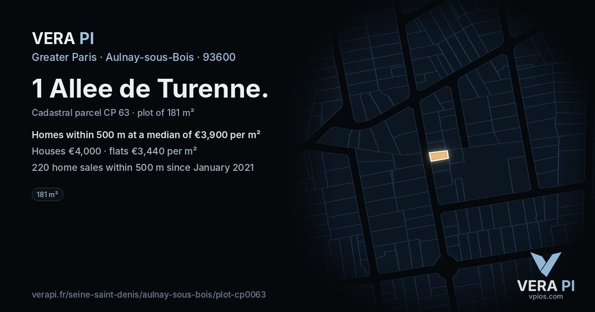 1 Allee de Turenne, Aulnay-sous-Bois at night – the plot lit, the parcels around coloured by the prices near them