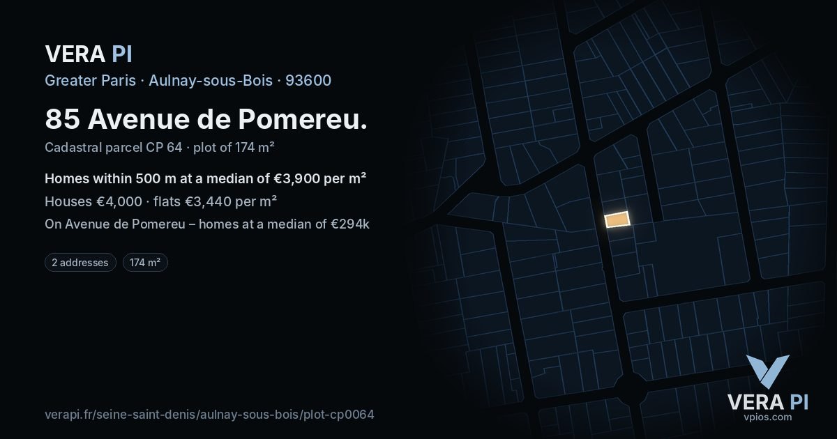 85 Avenue de Pomereu, Aulnay-sous-Bois at night – the plot lit, the parcels around coloured by the prices near them
