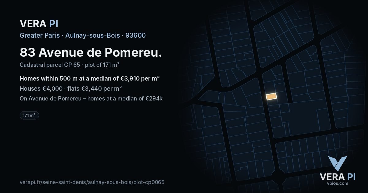 83 Avenue de Pomereu, Aulnay-sous-Bois at night – the plot lit, the parcels around coloured by the prices near them