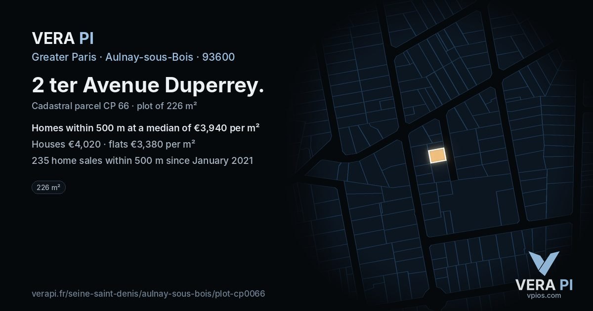 2 ter Avenue Duperrey, Aulnay-sous-Bois at night – the plot lit, the parcels around coloured by the prices near them