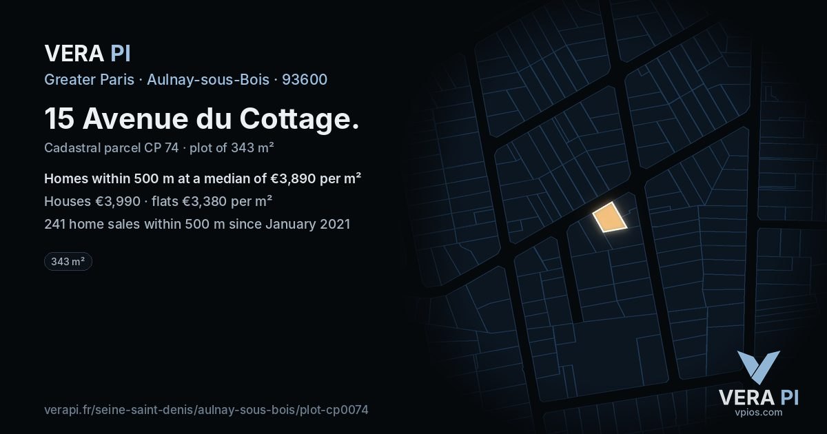 15 Avenue du Cottage, Aulnay-sous-Bois at night – the plot lit, the parcels around coloured by the prices near them