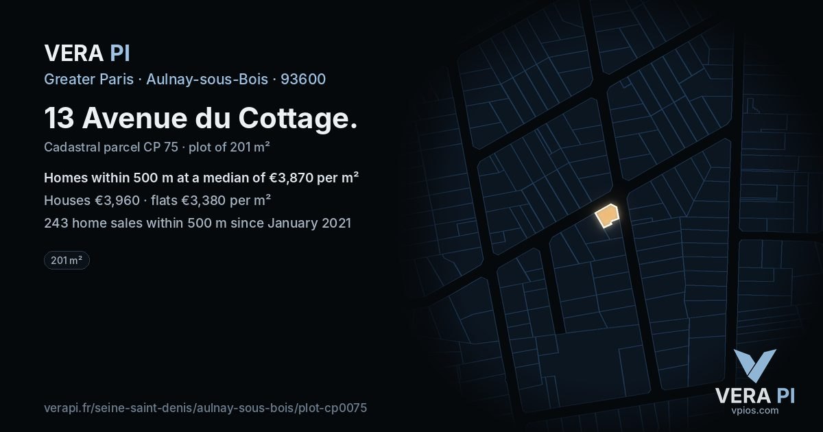 13 Avenue du Cottage, Aulnay-sous-Bois at night – the plot lit, the parcels around coloured by the prices near them