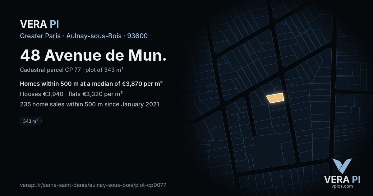 48 Avenue de Mun, Aulnay-sous-Bois at night – the plot lit, the parcels around coloured by the prices near them