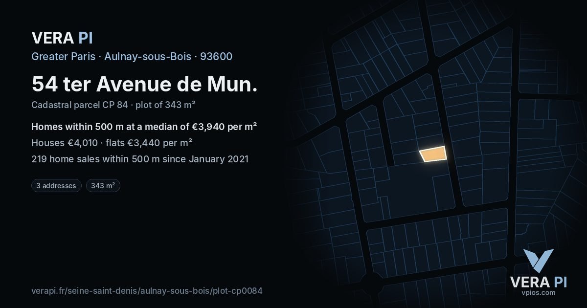 54 ter Avenue de Mun, Aulnay-sous-Bois at night – the plot lit, the parcels around coloured by the prices near them
