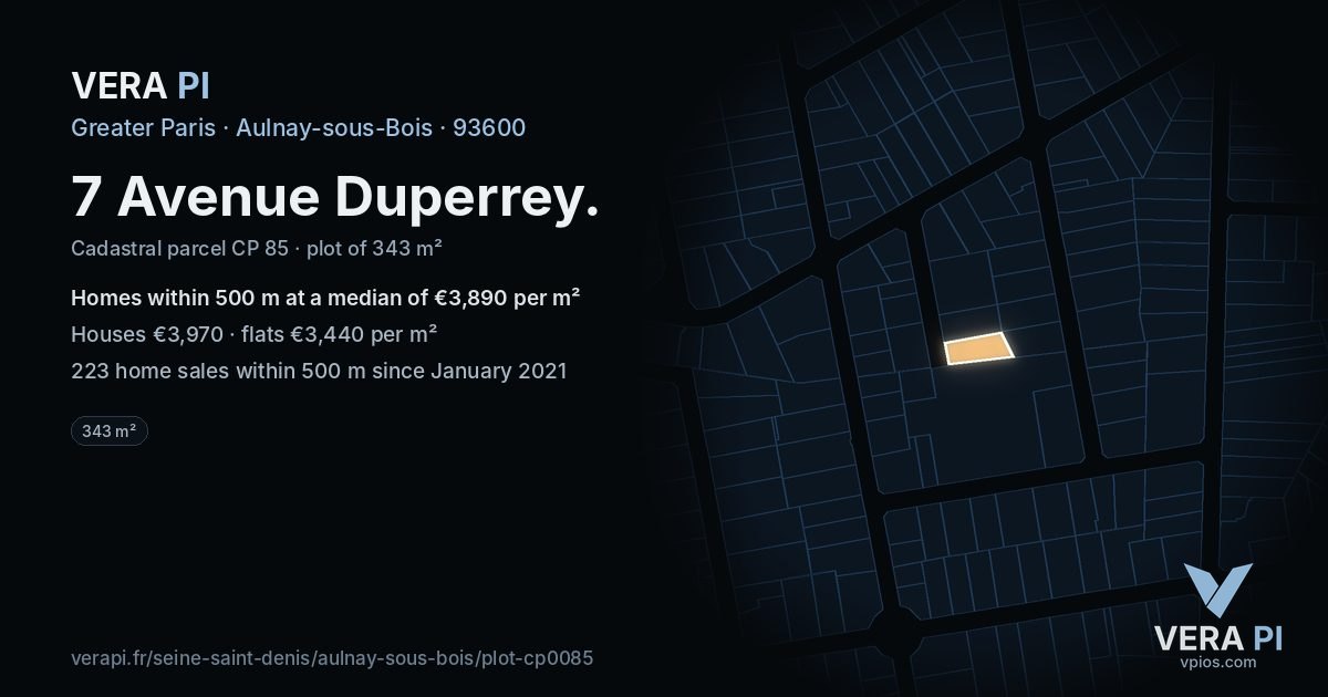 7 Avenue Duperrey, Aulnay-sous-Bois at night – the plot lit, the parcels around coloured by the prices near them
