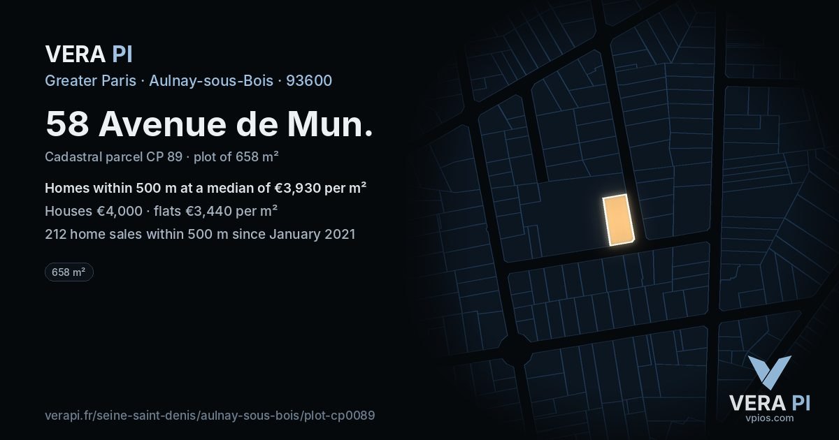 58 Avenue de Mun, Aulnay-sous-Bois at night – the plot lit, the parcels around coloured by the prices near them