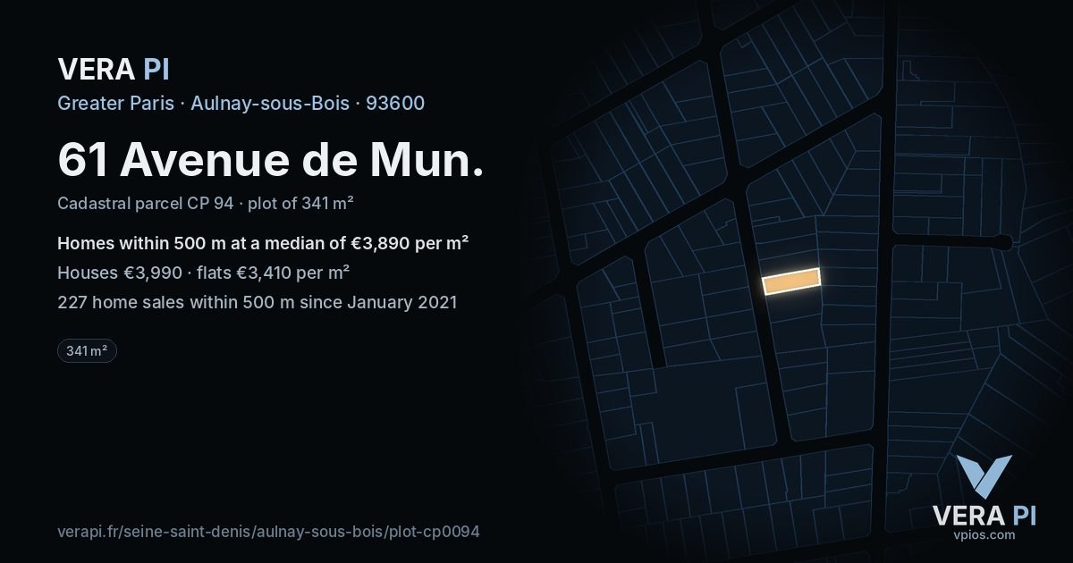 61 Avenue de Mun, Aulnay-sous-Bois at night – the plot lit, the parcels around coloured by the prices near them
