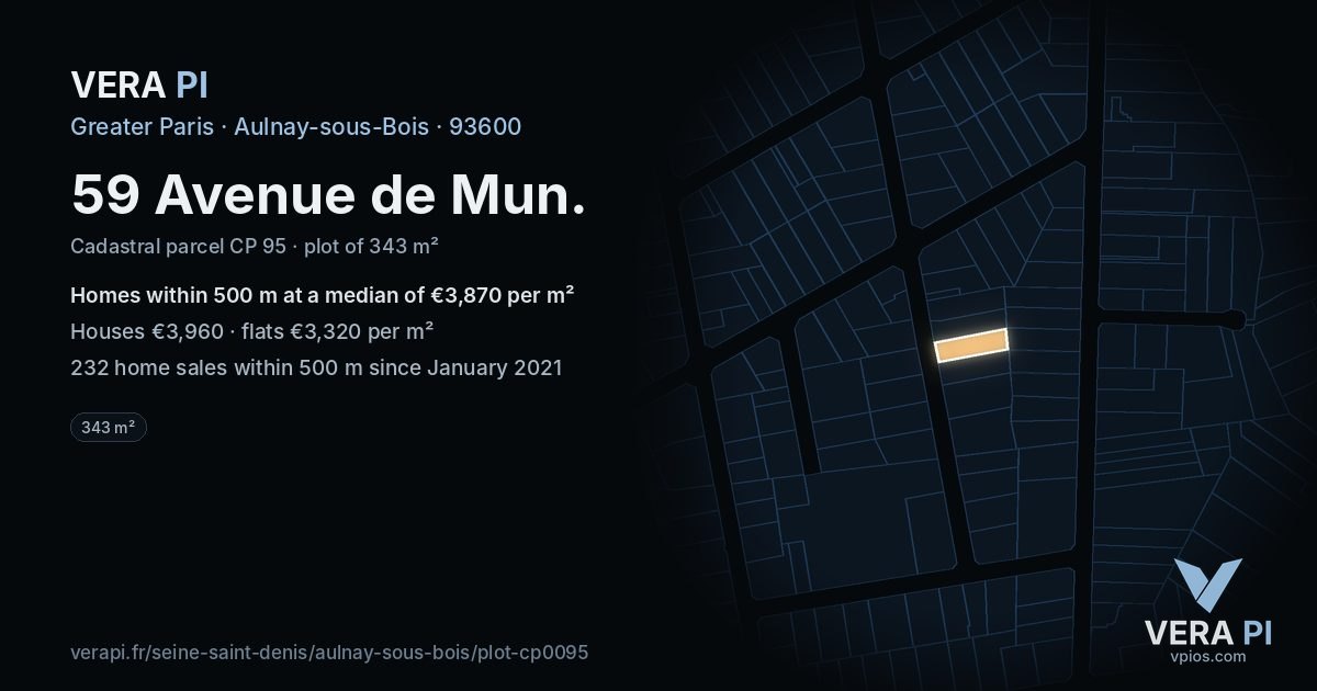 59 Avenue de Mun, Aulnay-sous-Bois at night – the plot lit, the parcels around coloured by the prices near them