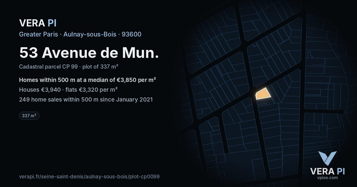 53 Avenue de Mun, Aulnay-sous-Bois at night – the plot lit, the parcels around coloured by the prices near them