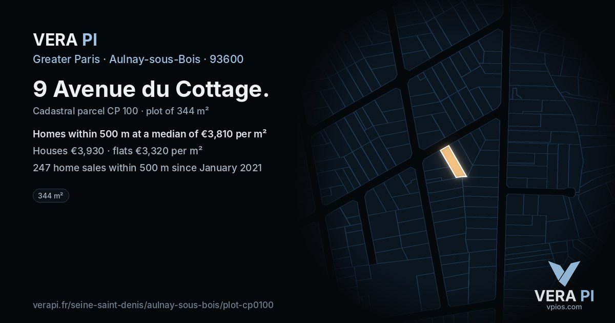9 Avenue du Cottage, Aulnay-sous-Bois at night – the plot lit, the parcels around coloured by the prices near them
