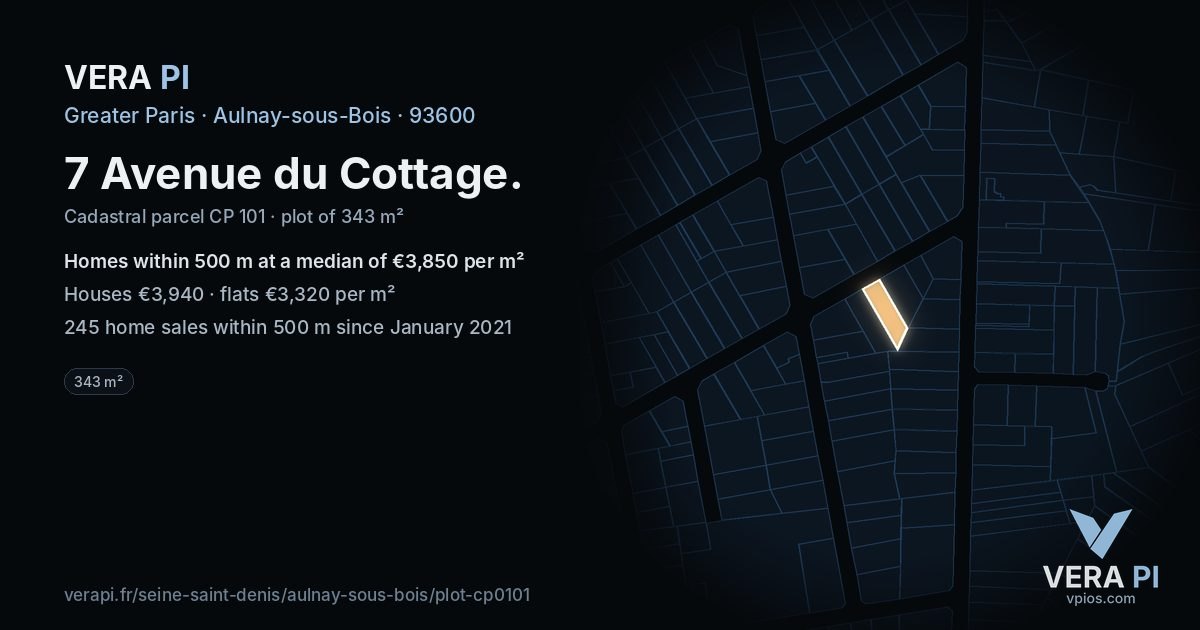 7 Avenue du Cottage, Aulnay-sous-Bois at night – the plot lit, the parcels around coloured by the prices near them