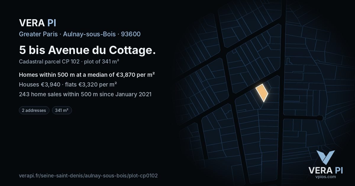 5 bis Avenue du Cottage, Aulnay-sous-Bois at night – the plot lit, the parcels around coloured by the prices near them