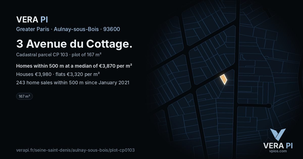 3 Avenue du Cottage, Aulnay-sous-Bois at night – the plot lit, the parcels around coloured by the prices near them