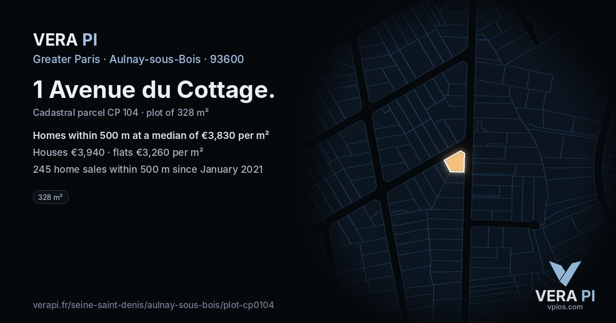 1 Avenue du Cottage, Aulnay-sous-Bois at night – the plot lit, the parcels around coloured by the prices near them