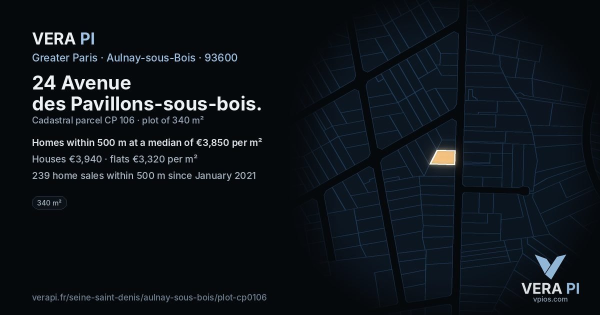 24 Avenue des Pavillons-sous-bois, Aulnay-sous-Bois at night – the plot lit, the parcels around coloured by the prices near them