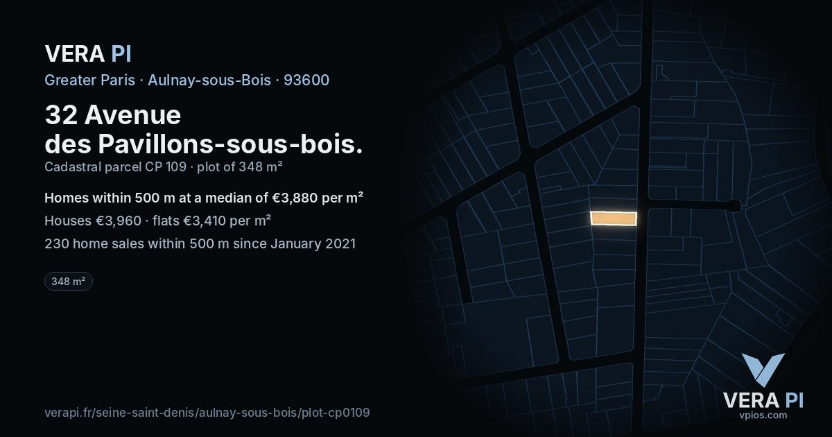 32 Avenue des Pavillons-sous-bois, Aulnay-sous-Bois at night – the plot lit, the parcels around coloured by the prices near them