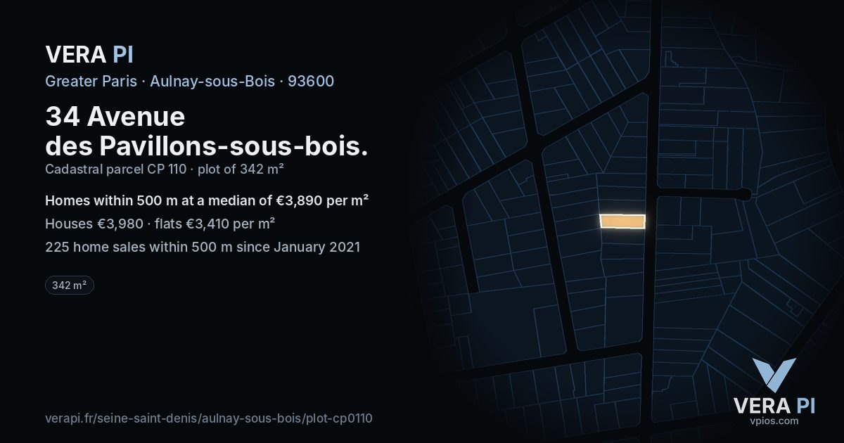 34 Avenue des Pavillons-sous-bois, Aulnay-sous-Bois at night – the plot lit, the parcels around coloured by the prices near them