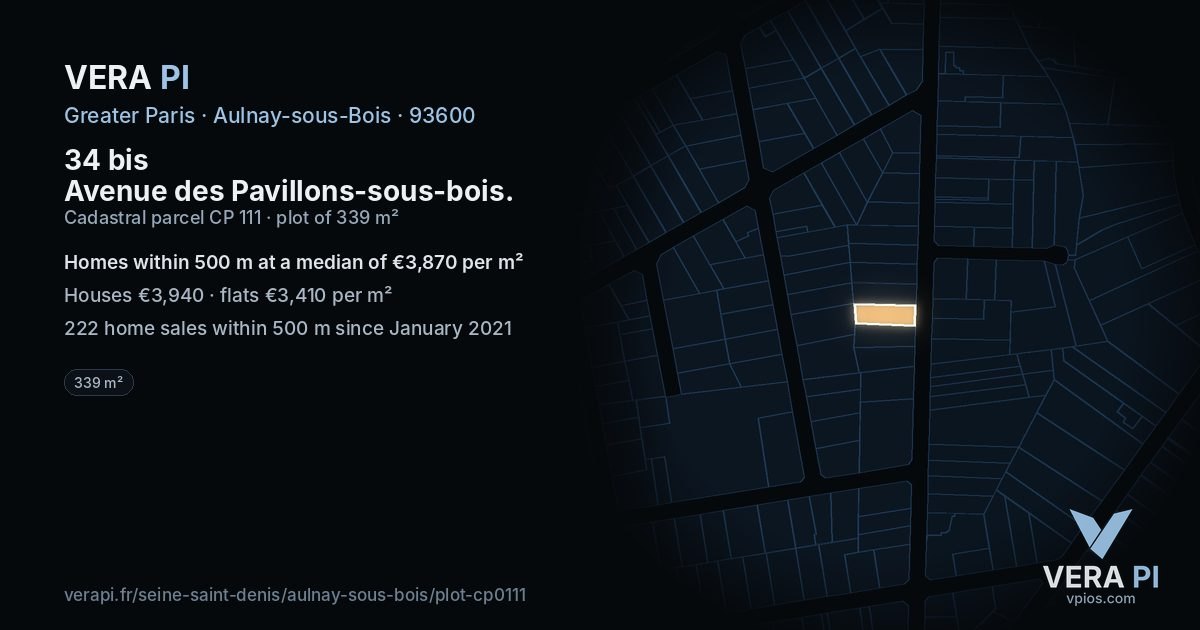 34 bis Avenue des Pavillons-sous-bois, Aulnay-sous-Bois at night – the plot lit, the parcels around coloured by the prices near them