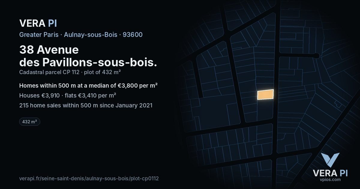 38 Avenue des Pavillons-sous-bois, Aulnay-sous-Bois at night – the plot lit, the parcels around coloured by the prices near them