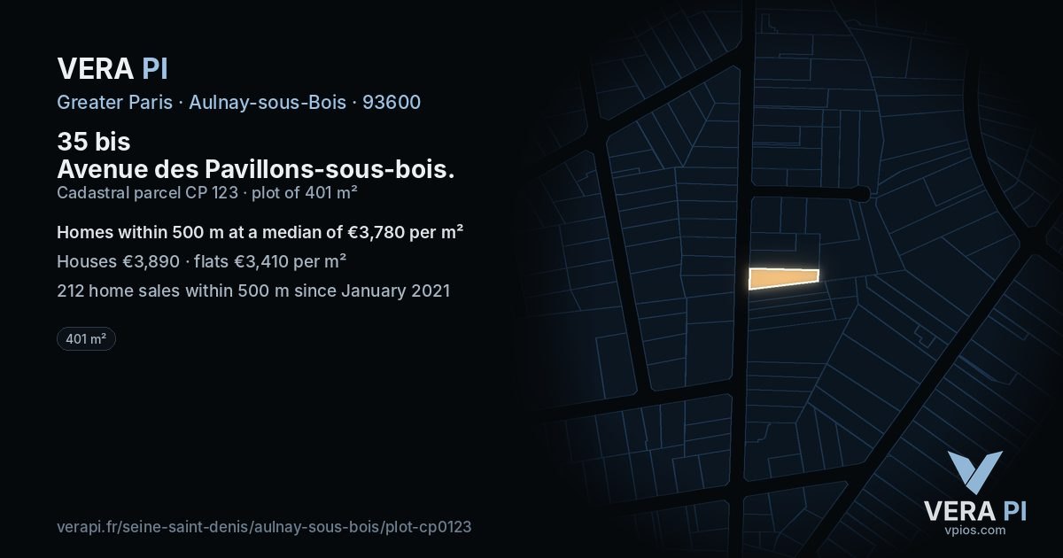 35 bis Avenue des Pavillons-sous-bois, Aulnay-sous-Bois at night – the plot lit, the parcels around coloured by the prices near them