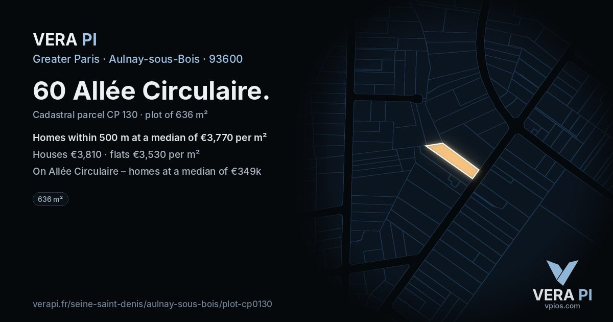 60 Allée Circulaire, Aulnay-sous-Bois at night – the plot lit, the parcels around coloured by the prices near them
