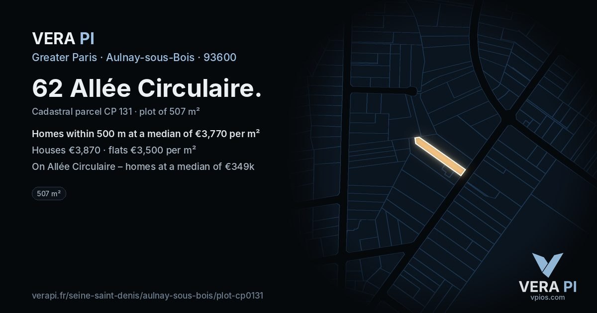 62 Allée Circulaire, Aulnay-sous-Bois at night – the plot lit, the parcels around coloured by the prices near them