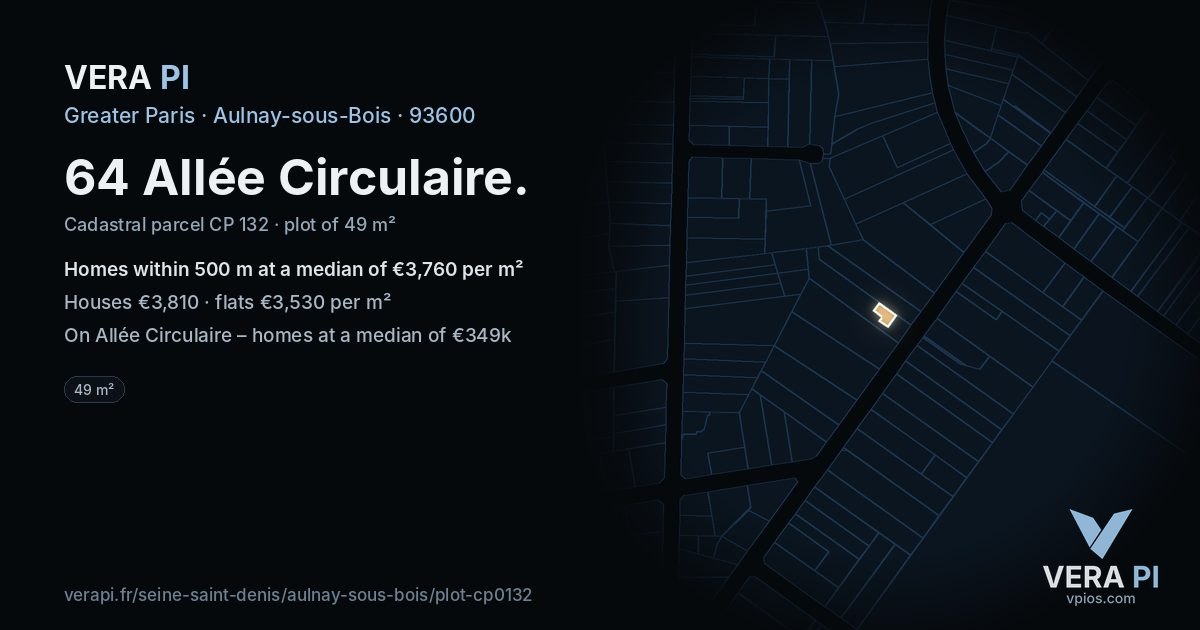 64 Allée Circulaire, Aulnay-sous-Bois at night – the plot lit, the parcels around coloured by the prices near them
