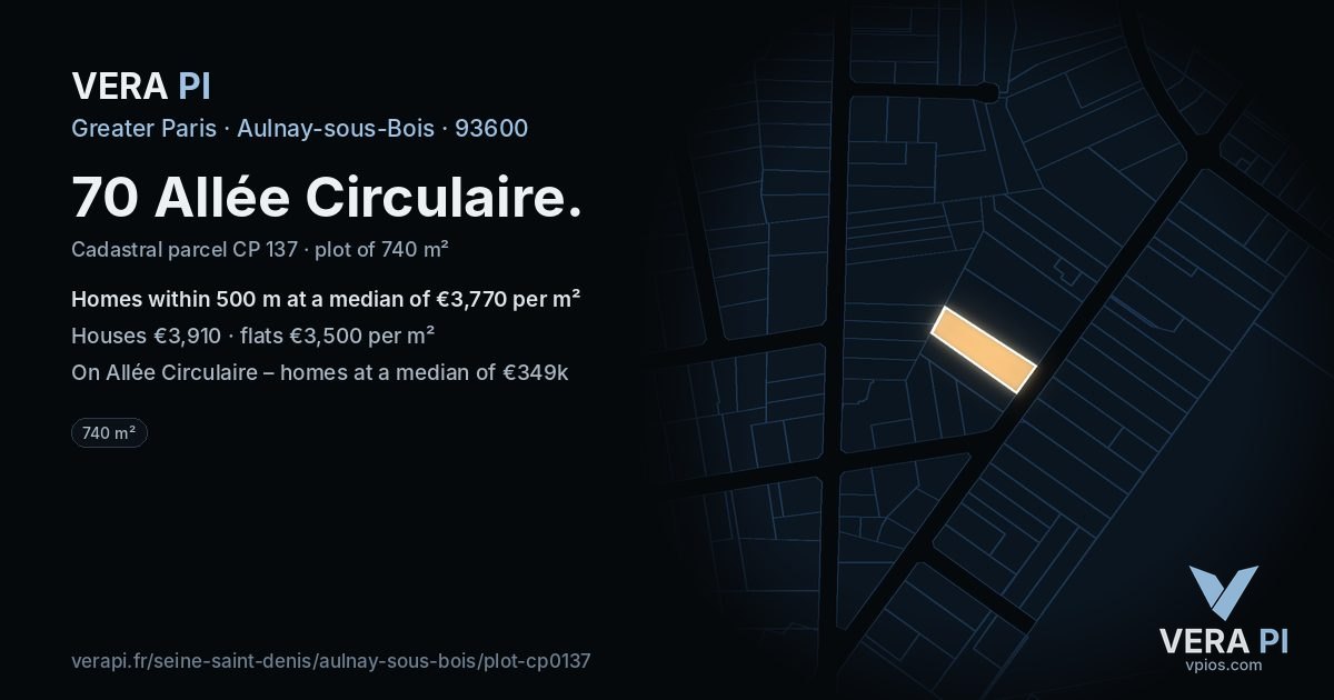 70 Allée Circulaire, Aulnay-sous-Bois at night – the plot lit, the parcels around coloured by the prices near them