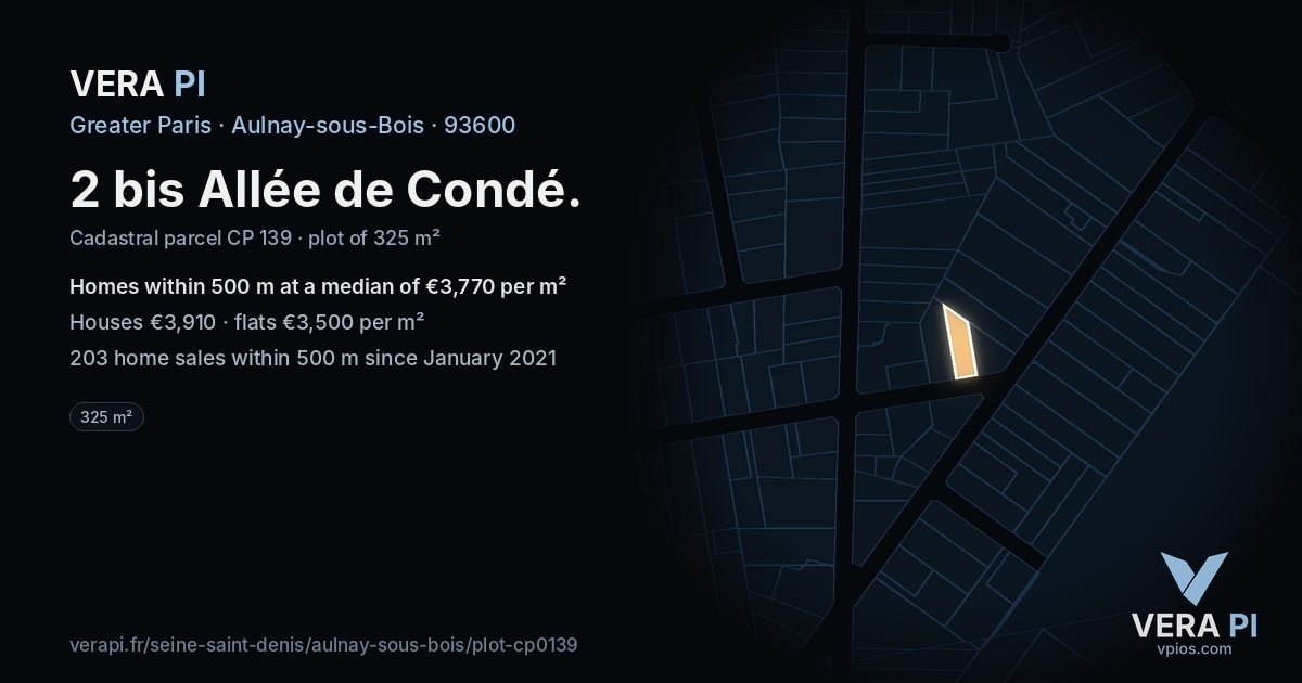 2 bis Allée de Condé, Aulnay-sous-Bois at night – the plot lit, the parcels around coloured by the prices near them