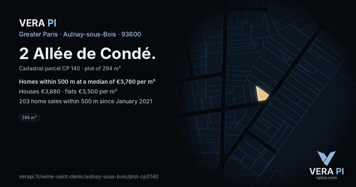 2 Allée de Condé, Aulnay-sous-Bois at night – the plot lit, the parcels around coloured by the prices near them