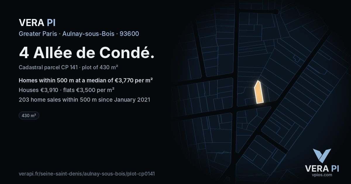 4 Allée de Condé, Aulnay-sous-Bois at night – the plot lit, the parcels around coloured by the prices near them