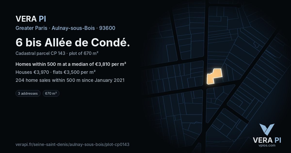 6 bis Allée de Condé, Aulnay-sous-Bois at night – the plot lit, the parcels around coloured by the prices near them