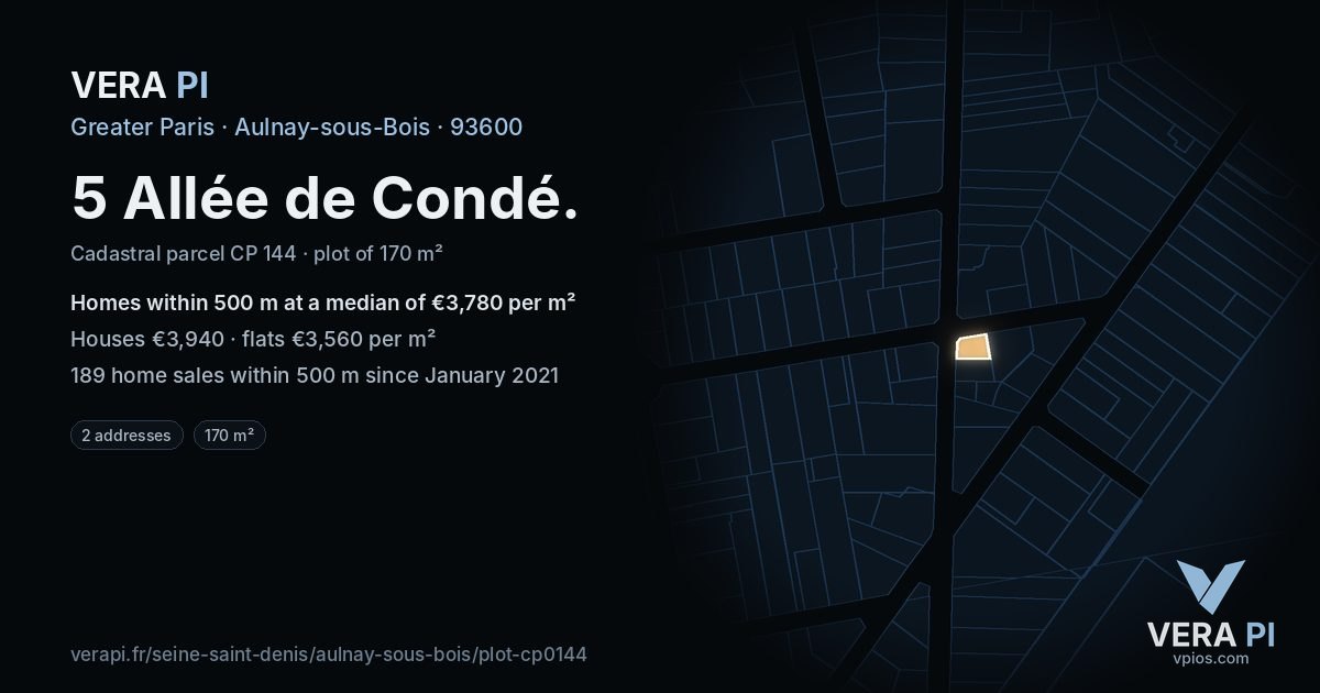 5 Allée de Condé, Aulnay-sous-Bois at night – the plot lit, the parcels around coloured by the prices near them