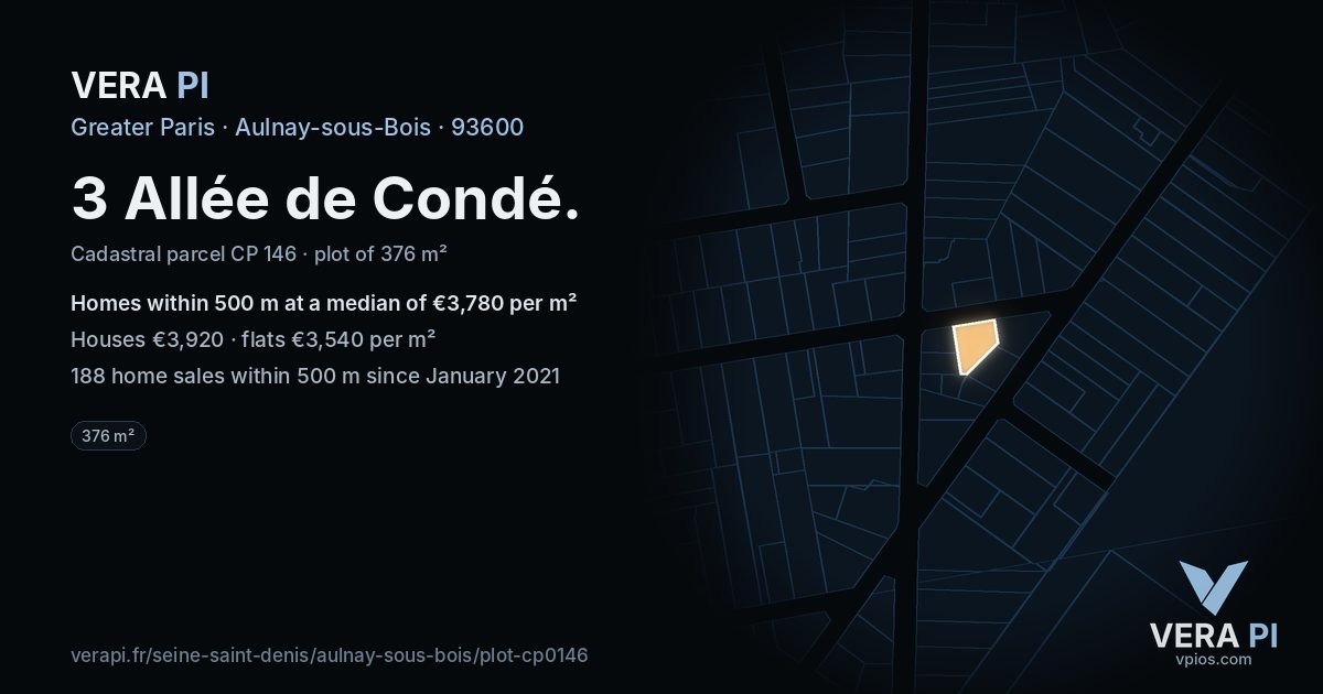 3 Allée de Condé, Aulnay-sous-Bois at night – the plot lit, the parcels around coloured by the prices near them