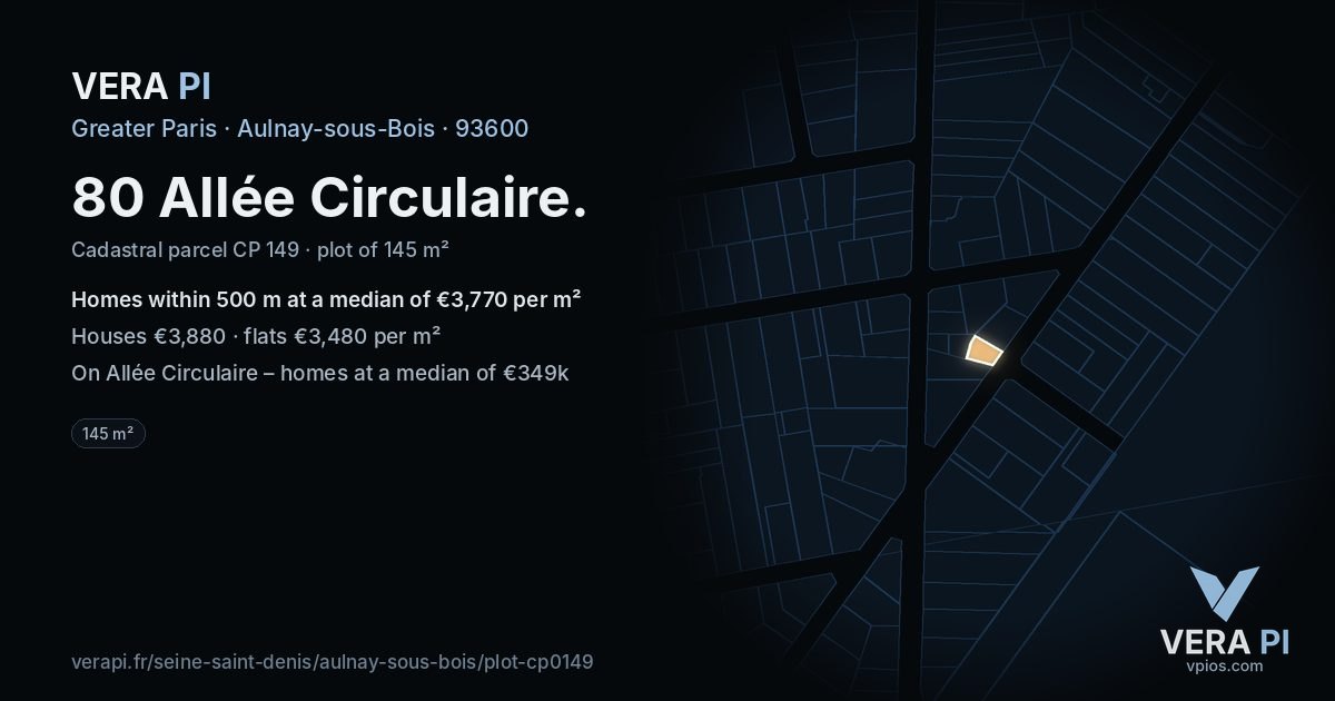 80 Allée Circulaire, Aulnay-sous-Bois at night – the plot lit, the parcels around coloured by the prices near them